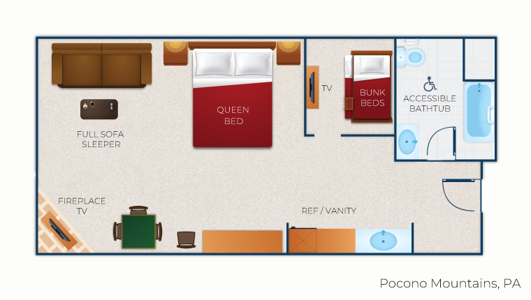 The floor plan for the KidCabin Suite (Accessible Shower) 